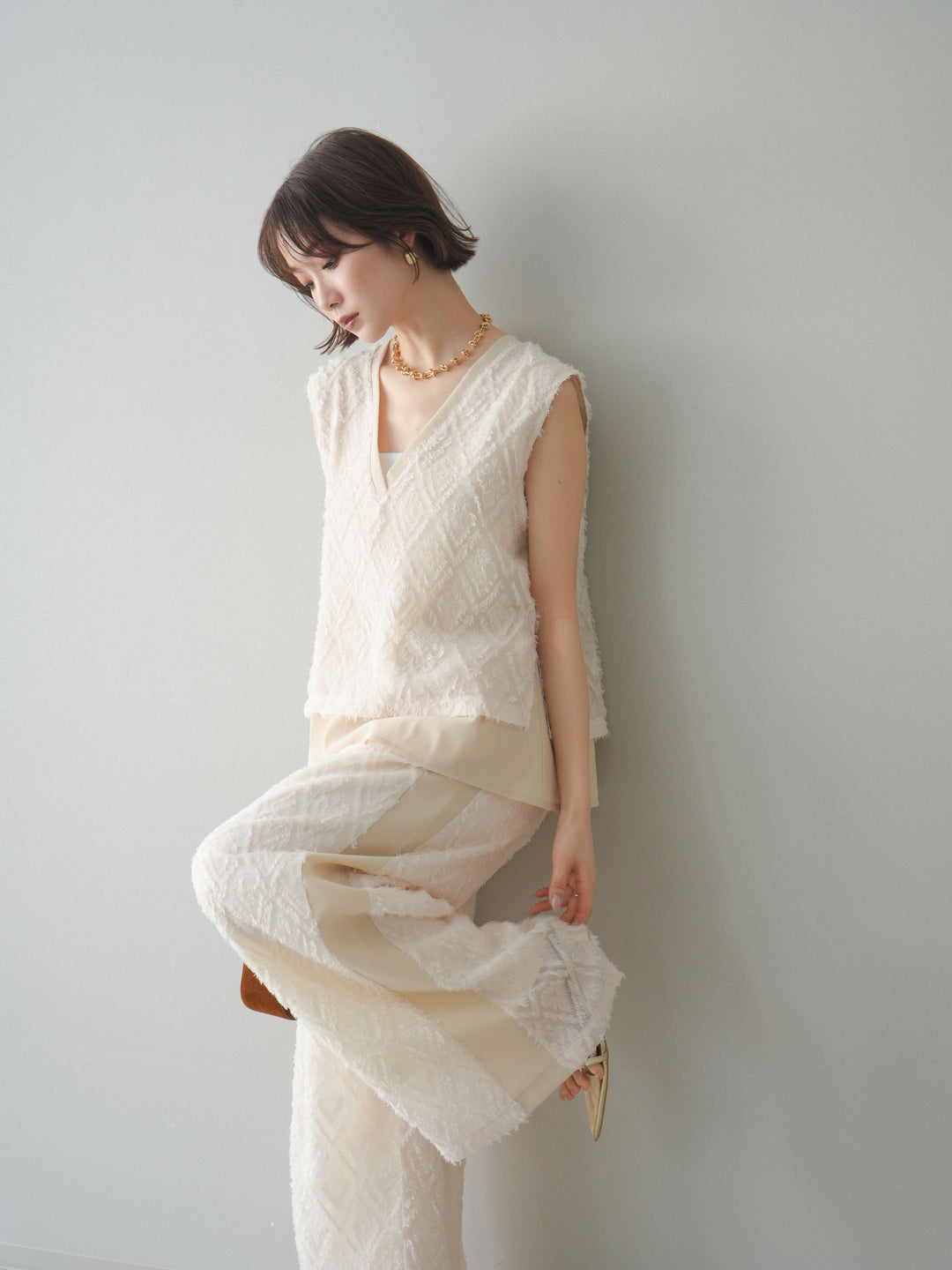 [SET]フリンジレイヤードVネックノースリーブ+選べるアクセセット(2set)