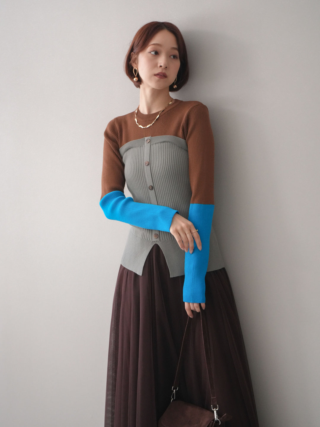 [SET]配色ビスチェドッキングリブニットトップス+選べるアクセセット(2set)