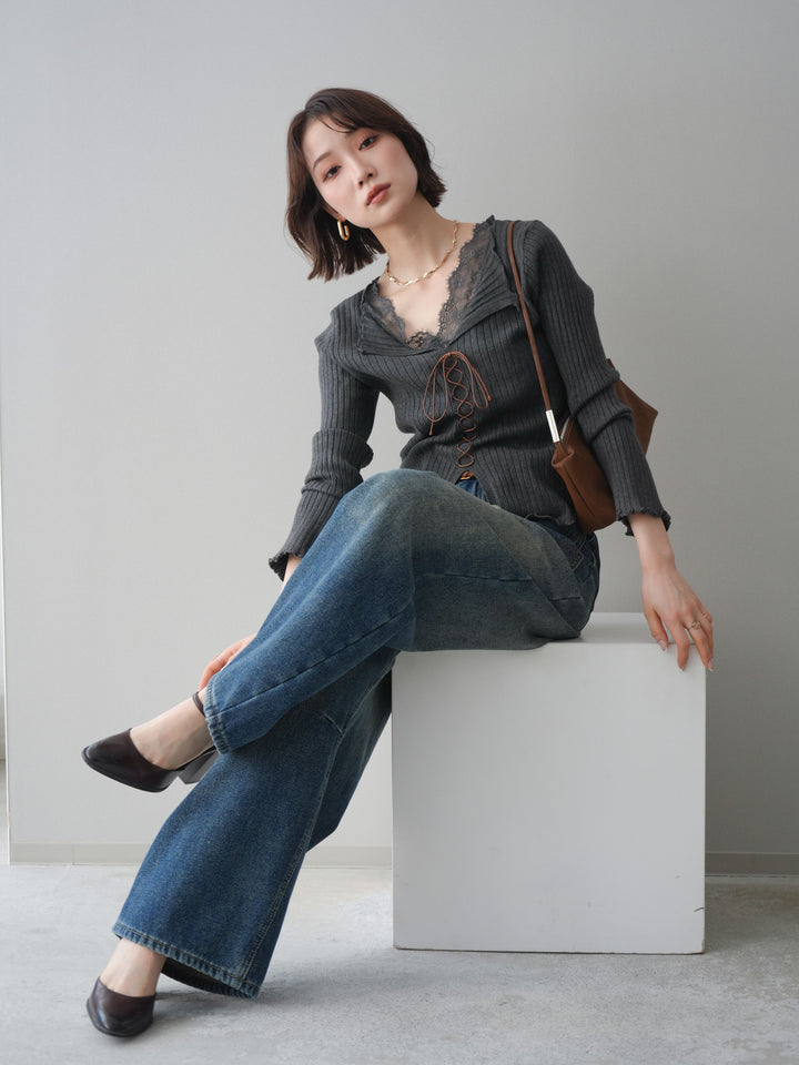 [予約]レースネックレースアップリブニットトップス/gray