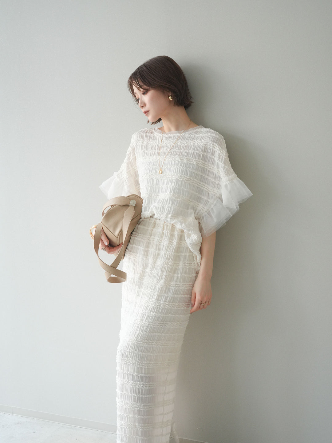[SET]チュール袖リップルトップス+リップルIラインスカート(2set)