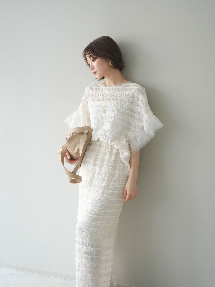 [SET]チュール袖リップルトップス+リップルIラインスカート(2set)