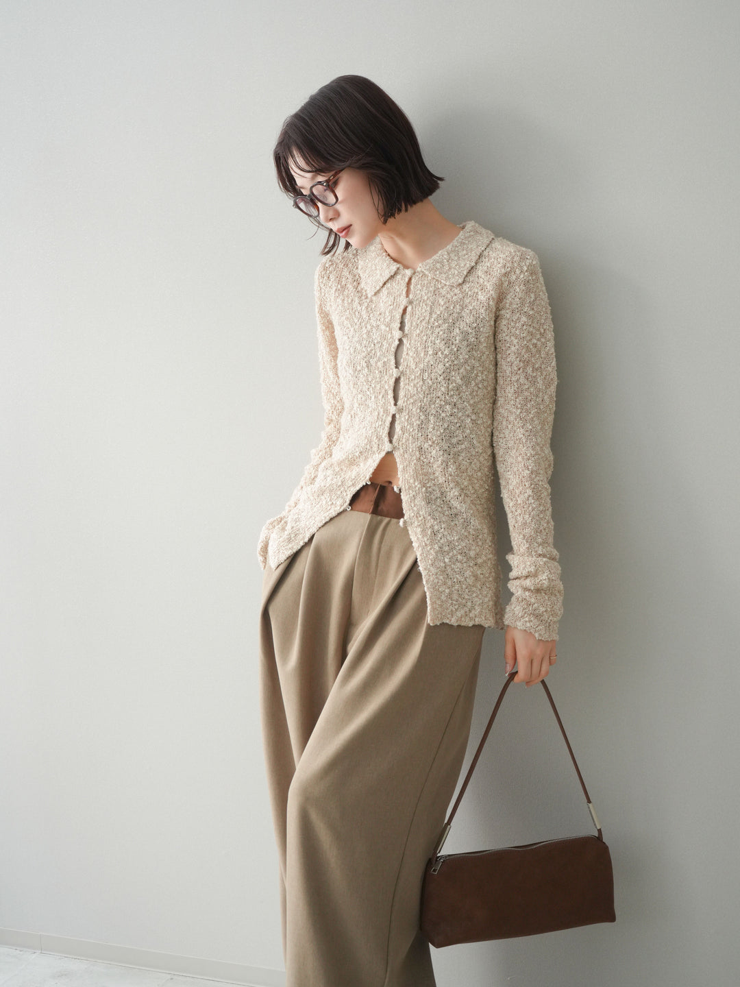 [SET]透かし編みブークレポロニットトップス+選べるアクセセット(2set)