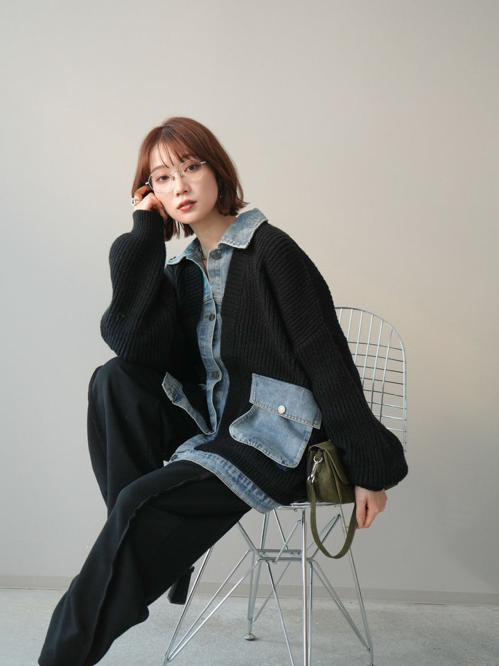 [予約]デニムドッキングオーバーニットジャケット/black