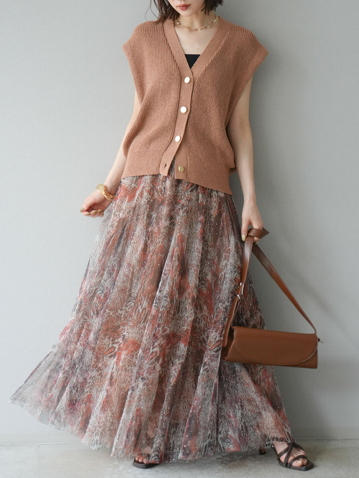 [予約]ゴールドボタンVネックニットカーディガン/ベージュ