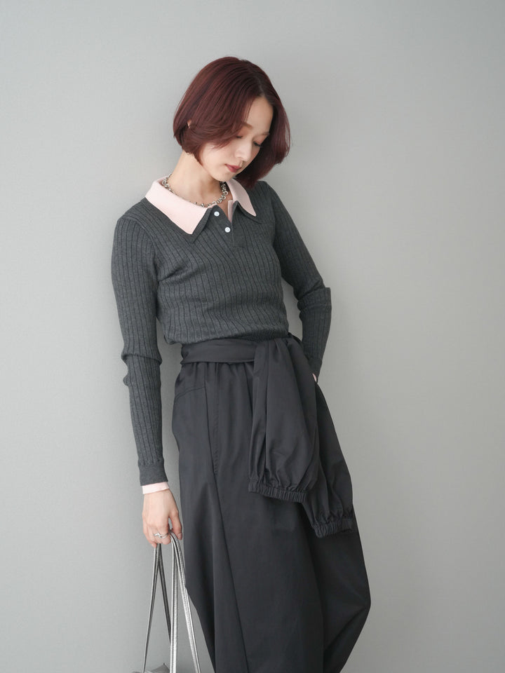 [SET]ダブル襟ポロリブニットトップス+ウエスト巻きデザインドロストコットンナイロンパンツ(2set)
