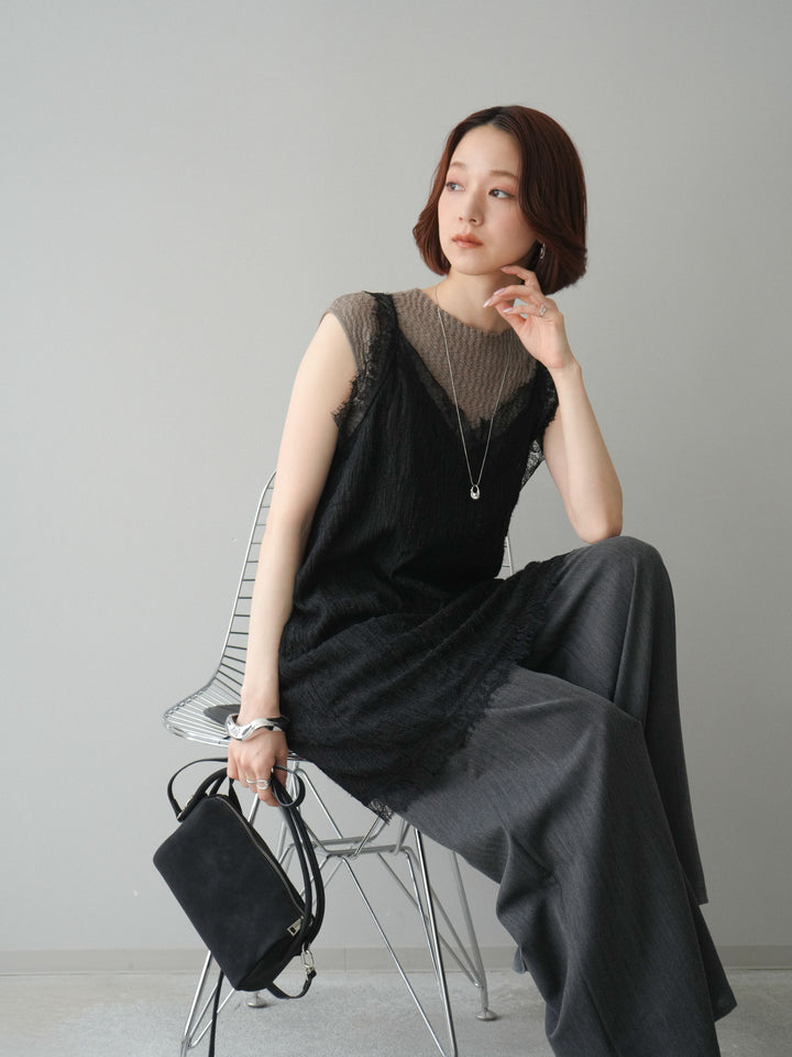 [予約]レース切替ジャガードニットロングキャミソール/black
