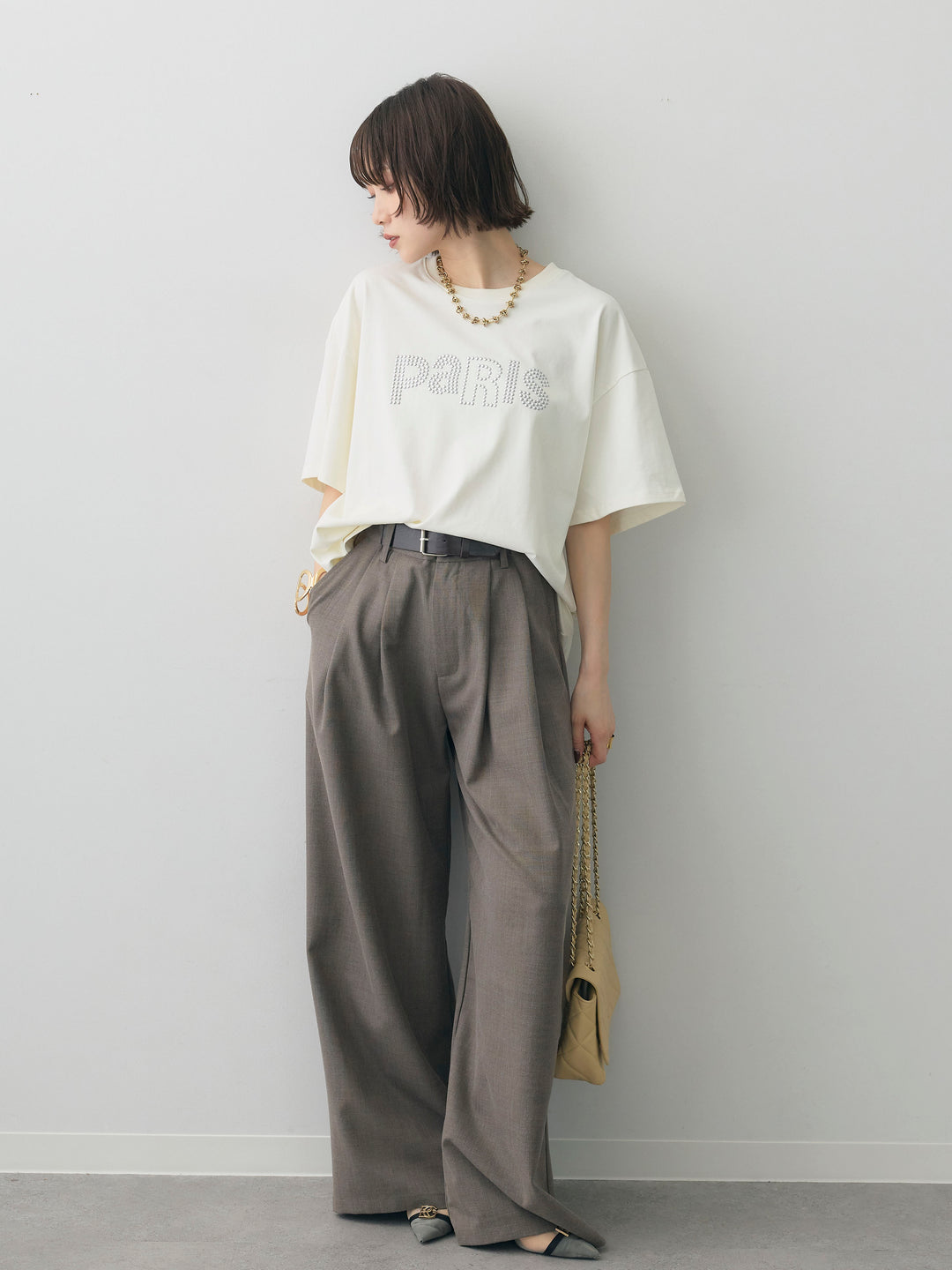 [SET]スタッズロゴTEE+ベルトデザインツータックドレープワイドパンツ(2set)