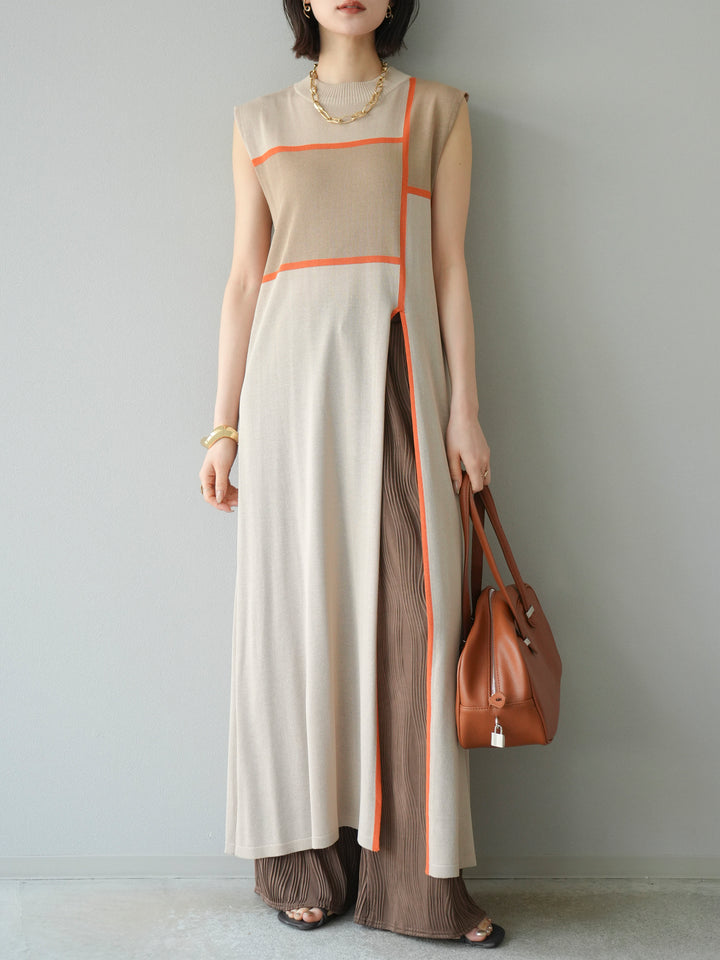 [予約]配色スリットニットワンピース/ベージュ