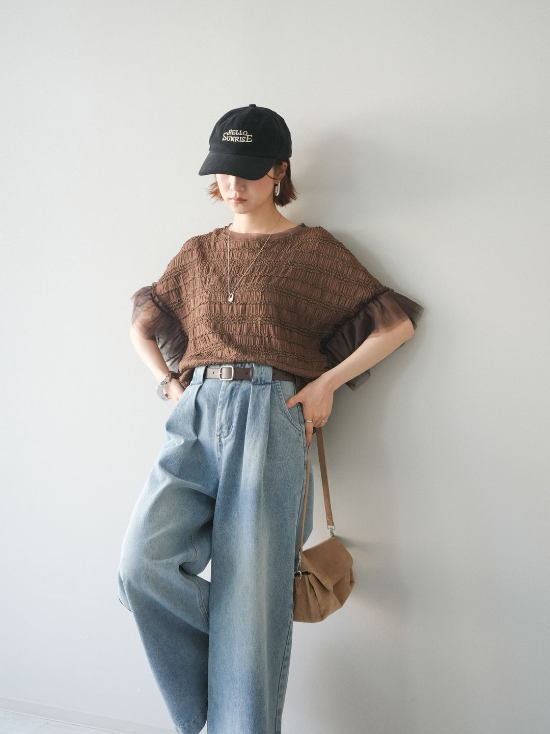 [予約]チュール袖リップルトップス/brown