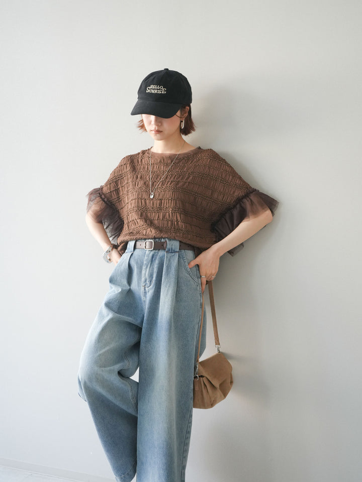 [予約]チュール袖リップルトップス/brown