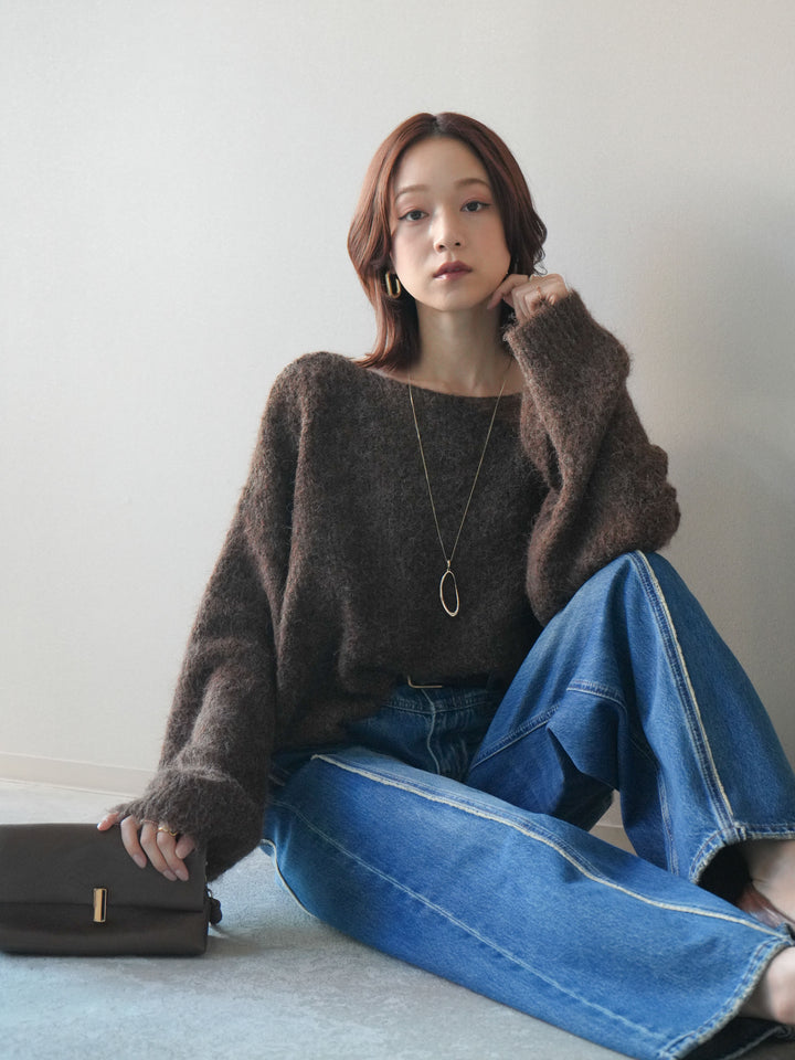 [SET]透かしデザインニットプルオーバー+サイドフリンジワイドデニムパンツ(2set)