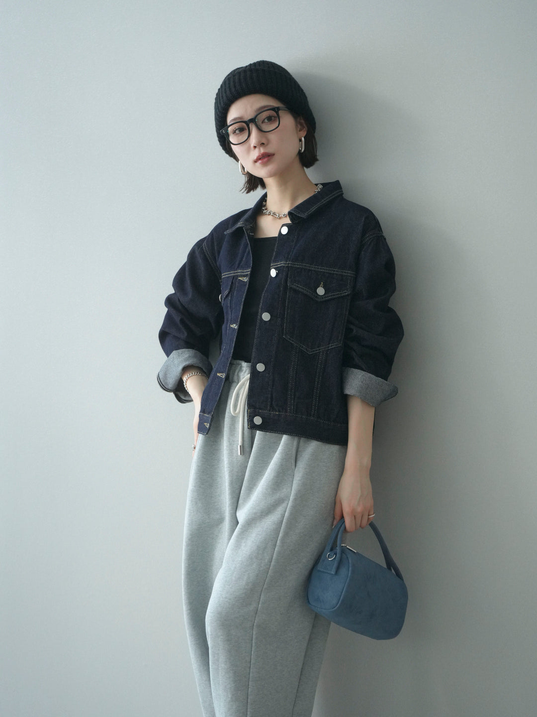 [予約]配色ステッチデニムジャケット/darkblue