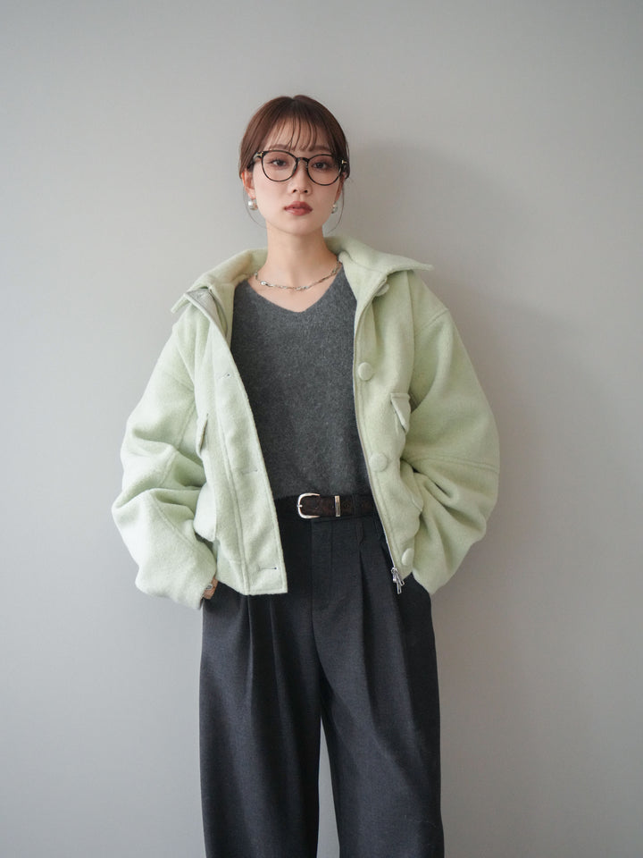 [SET]ウールライクフライトジャケット+シュシュ付きアンゴラタッチVネックニットプルオーバー+アニマル柄ベルト付きウールタッチワイドパンツ(3set)