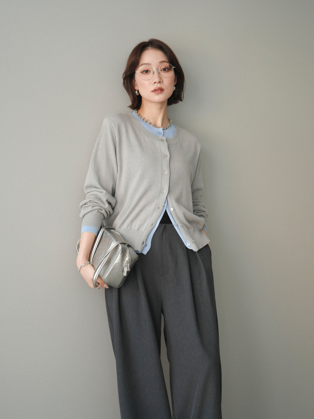 [予約]配色レイヤードコットンアクリルニットカーディガン/mokugray