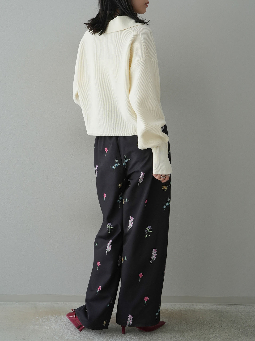[SET]ボリュームスリーブポロニットカーディガン+フラワーアートプリントタックパンツ(2set)