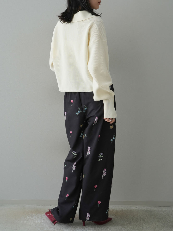 [SET]ボリュームスリーブポロニットカーディガン+フラワーアートプリントタックパンツ(2set)