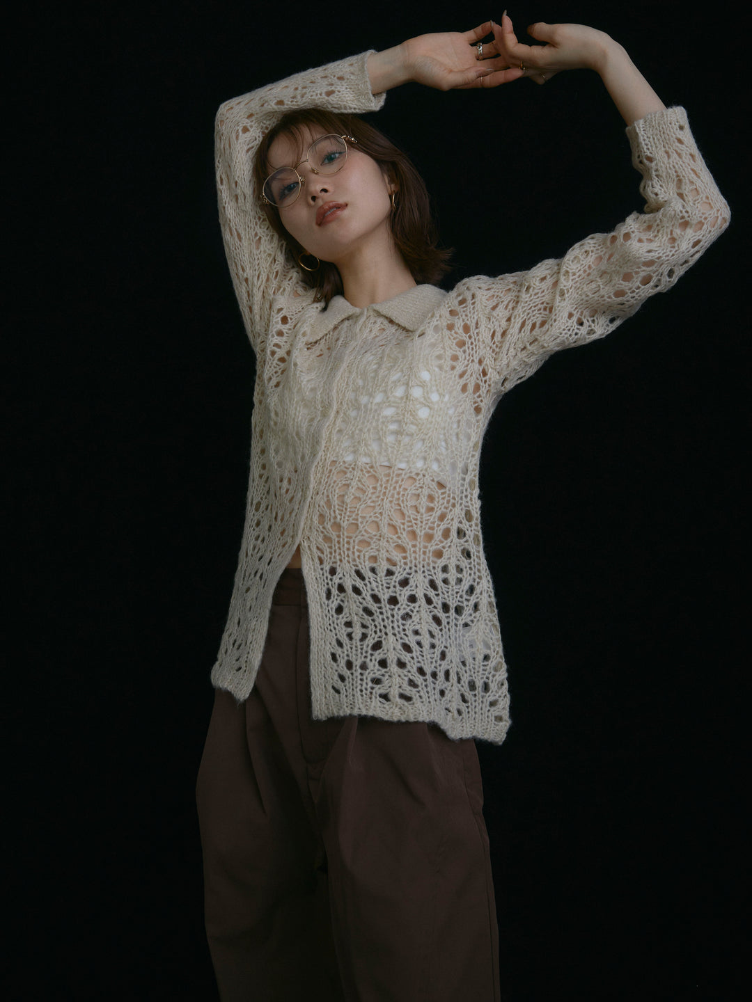 [予約]ローゲージ透かし編みポロニッカーディガン/アイボリー