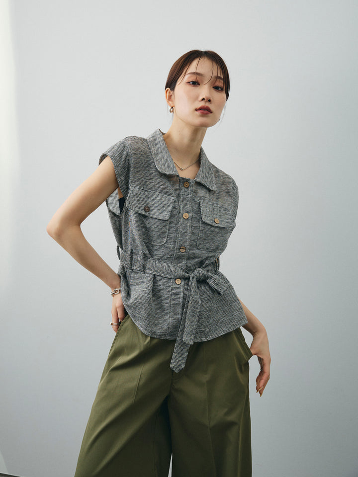 [SET]ミックスヤーンメッシュブラウス+コクーンワイドチノパンツ(2set)