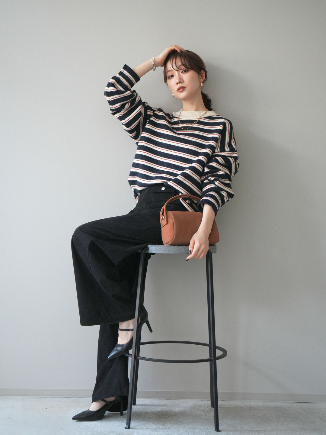 [予約]モックネックボーダーニットプルオーバー/navy