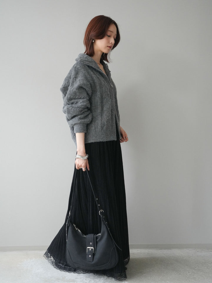 [SET]ケーブル編みハイネックZIPニットカーディガン+裾レーススウェードプリーツマキシスカート(2set)