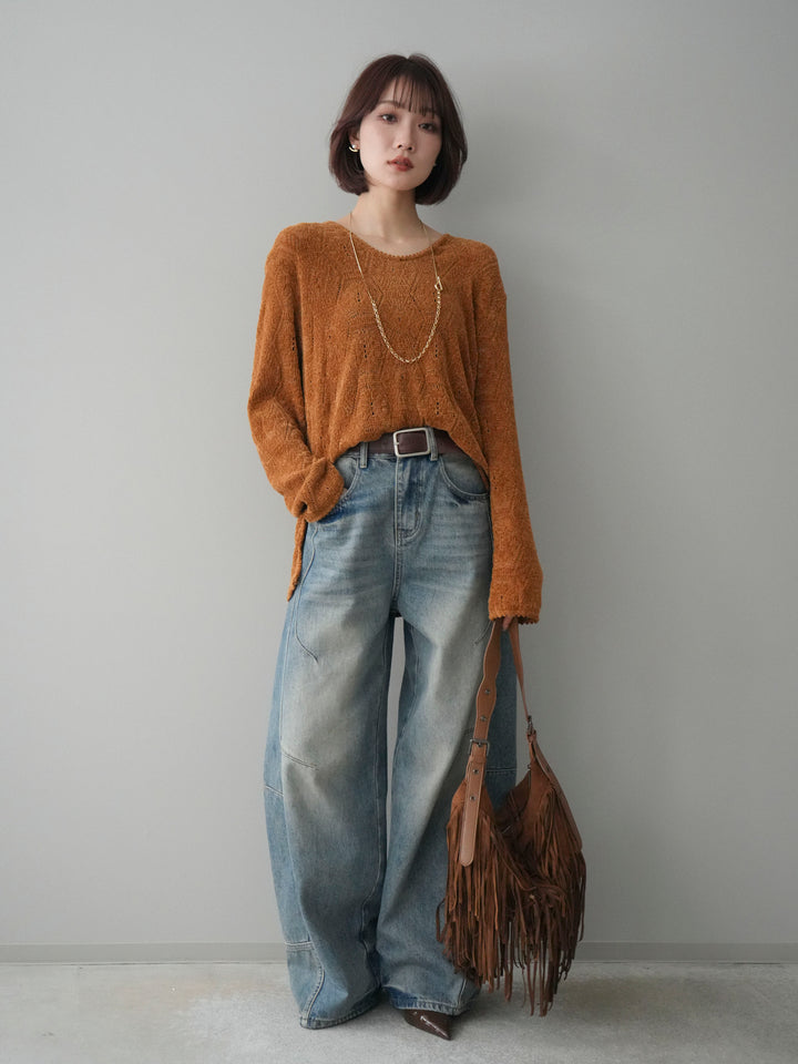 [SET]モール透かし編みニットトップス+ベルト付カーブデニムパンツ(2set)