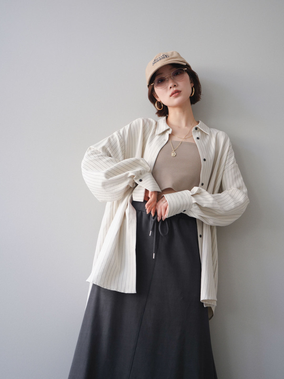 [SET]2WAYカシュクールストライプブラウス+スウェットフレアロングスカート(2set)