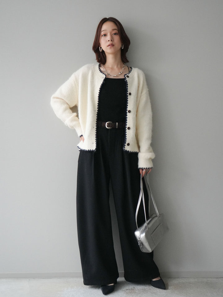 [SET]三角ステッチニットカーディガン+アニマル柄ベルト付きウールタッチワイドパンツ(2set)