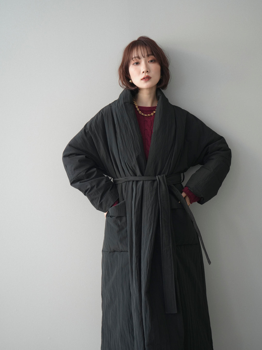 [SET]ストール付ケーブルニットプルオーバー&ロングスカートSET UP+ロングダウンコート(2set)