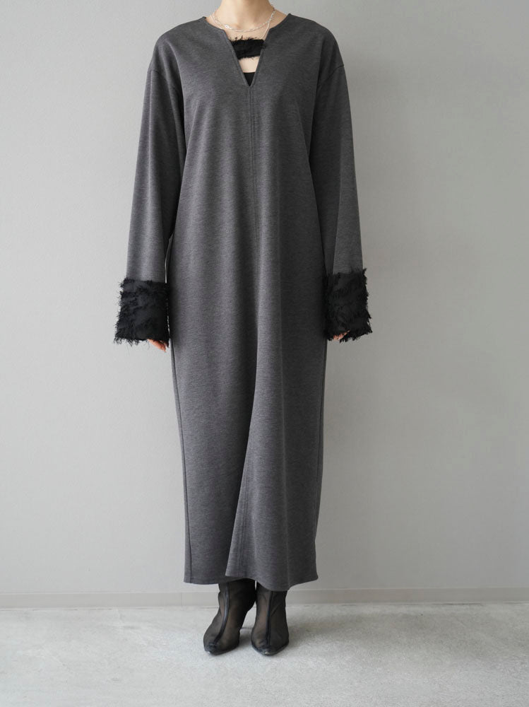 Pre-order] Fringe jacquard switching dress/charcoal – Lumierレディース