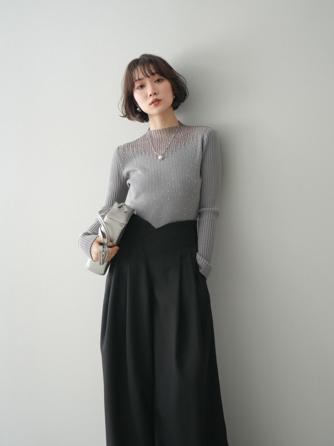 [予約]シアー切替スパンコールリブニットトップス/gray