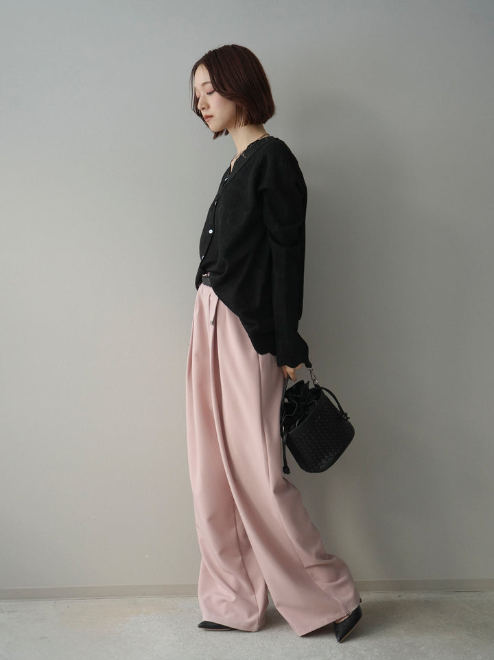 [SET]レースネックジャガードニットカーディガン+ベルト付キーホルダーモチーフワイドパンツ(2set)