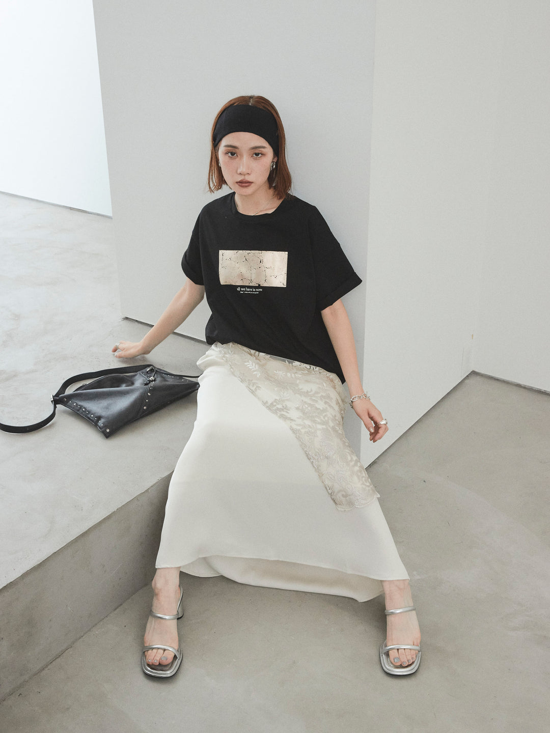 [SET]箔プリントドライタッチコットンTEE +チュールジャガードラップロングスカート(2set)