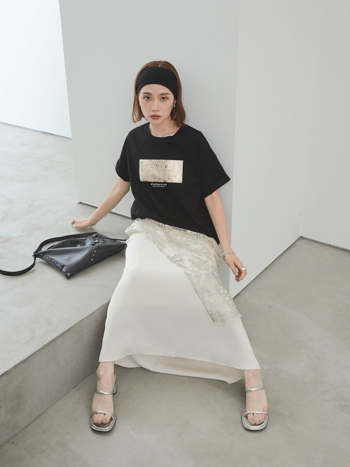 [SET]箔プリントドライタッチコットンTEE +チュールジャガードラップロングスカート(2set)