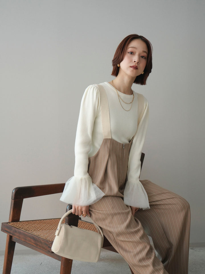 [SET]袖チュールパワショルリブニットトップス+グログランテープストライプサロペット(2set)