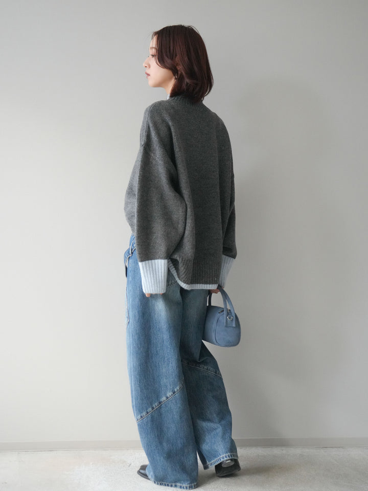 [SET]配色ハイネックニットプルオーバー+ペインターカーブデニムパンツ(2set)