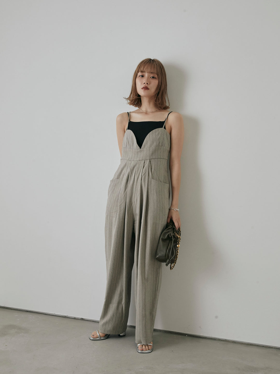 【預購】人字紋條紋工裝褲/米白色