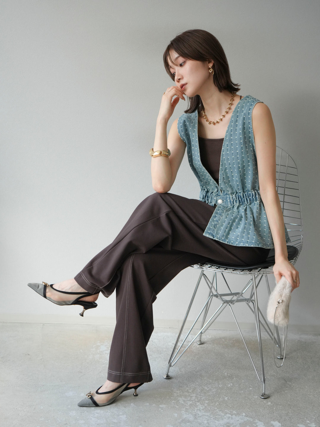 [予約]ジャガードデニム２WAYビスチェ/ライトブルー