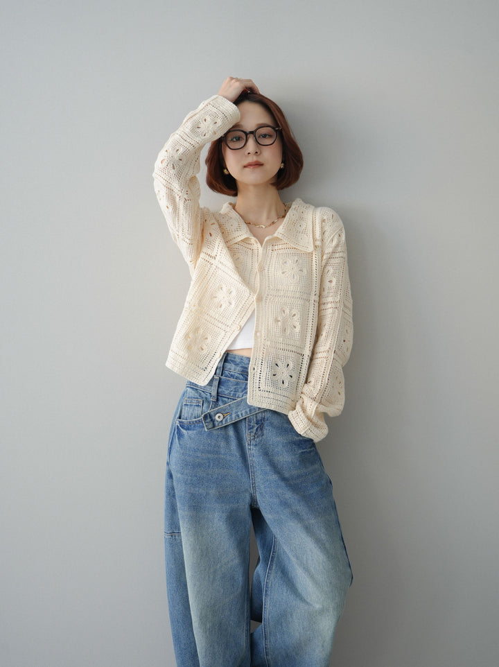 [SET]パッチワーククロシェニットカーディガン+アシメデザインワイドデニムパンツ(2set)