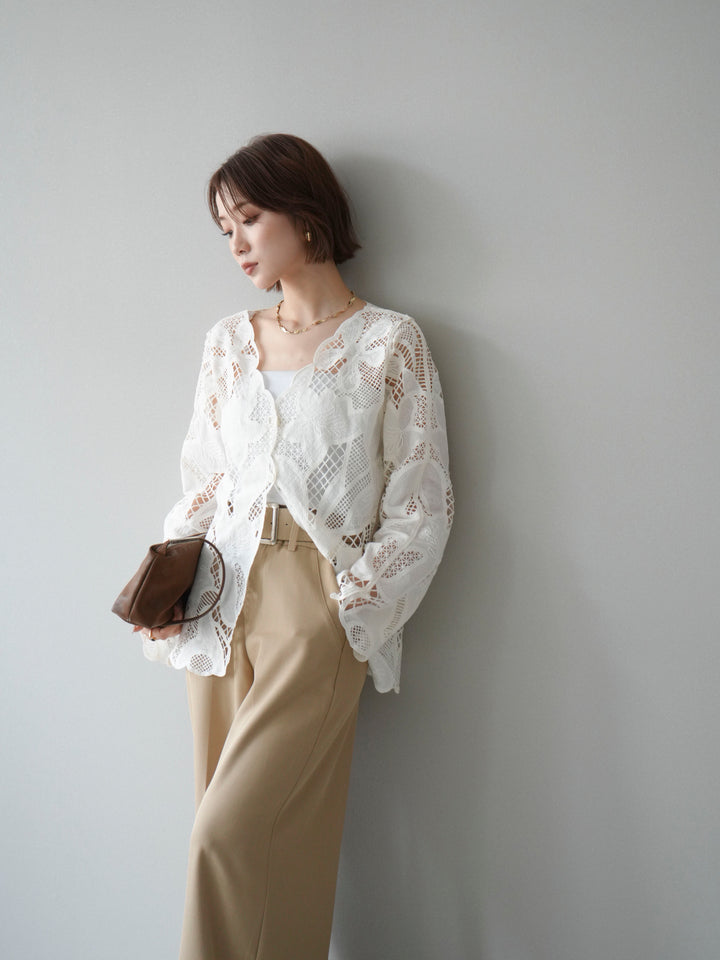 【套裝】3D蕾絲蕾絲上衣+內建胸罩羅紋抹胸吊帶背心（兩件組）
