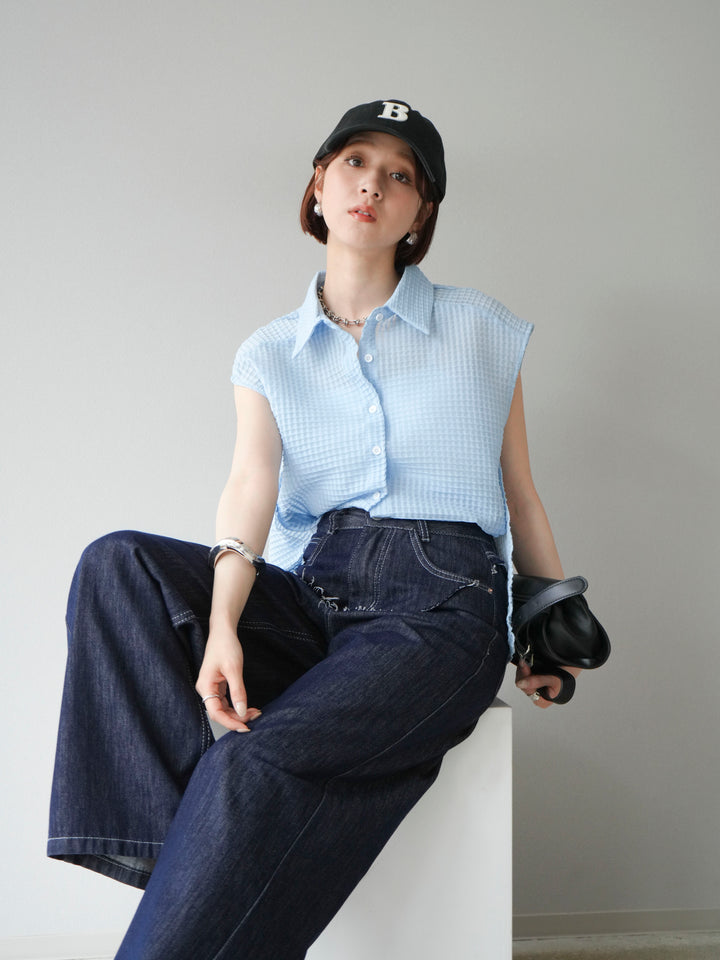 [SET] 透視格紋無袖襯衫 + 臀部設計牛仔褲（2 套）