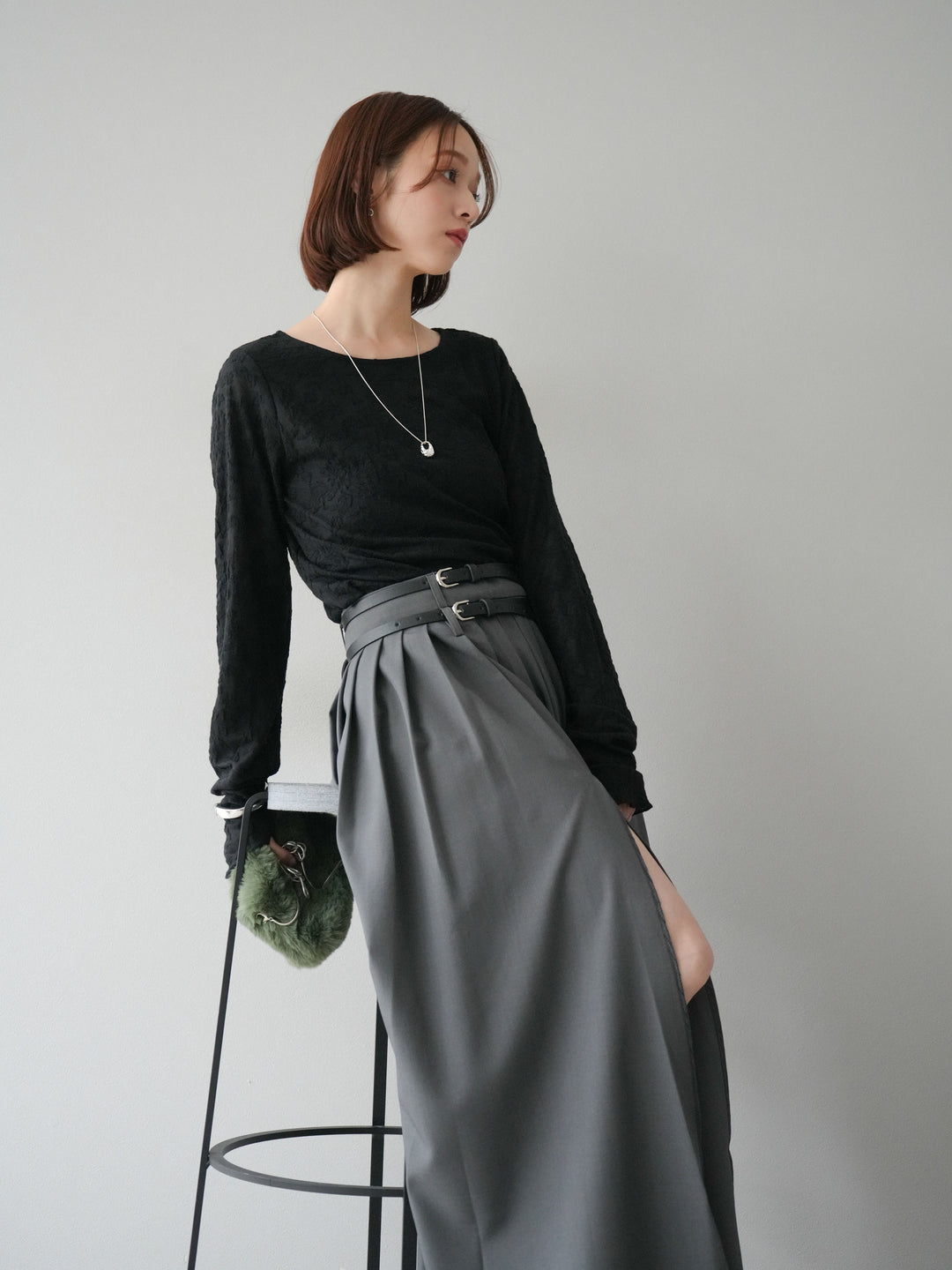 [SET]シアージャガードトップス+エステルプリーツスリットスカート(2set)