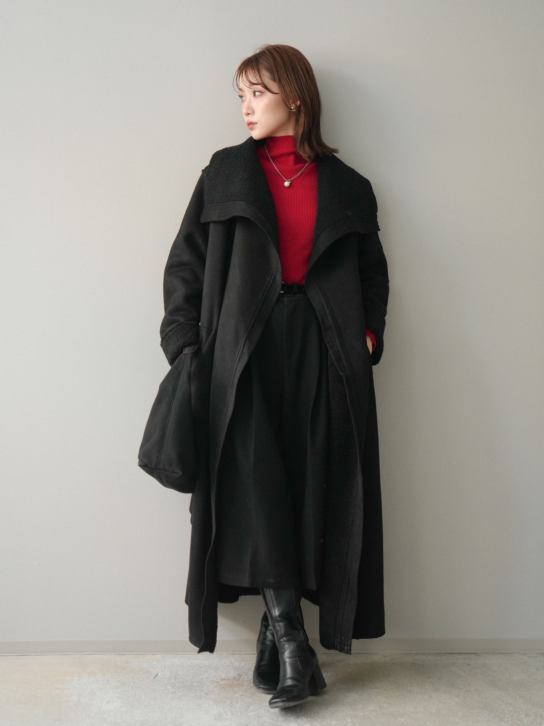 [SET]BIGカラームートンコート+袖ボタンボトルネックリブニットトップス+ベルト付ウールタッチミディアムパンツ(3set)