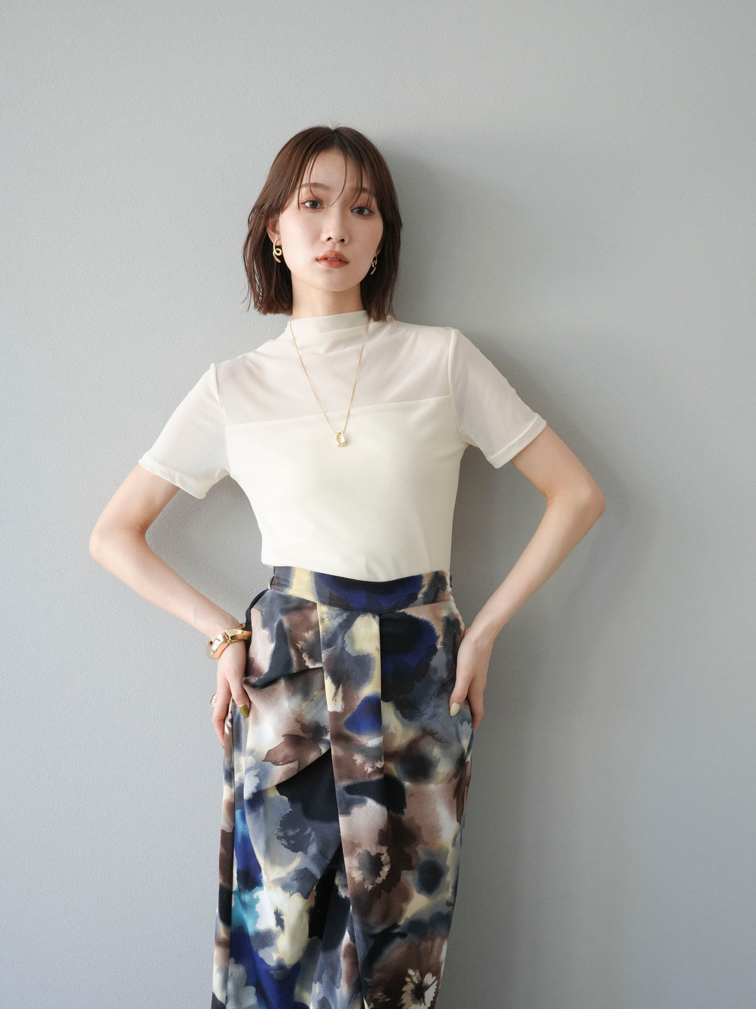 [SET] 透視半袖上衣 + 水彩印花褶襉I字裙 (2set)