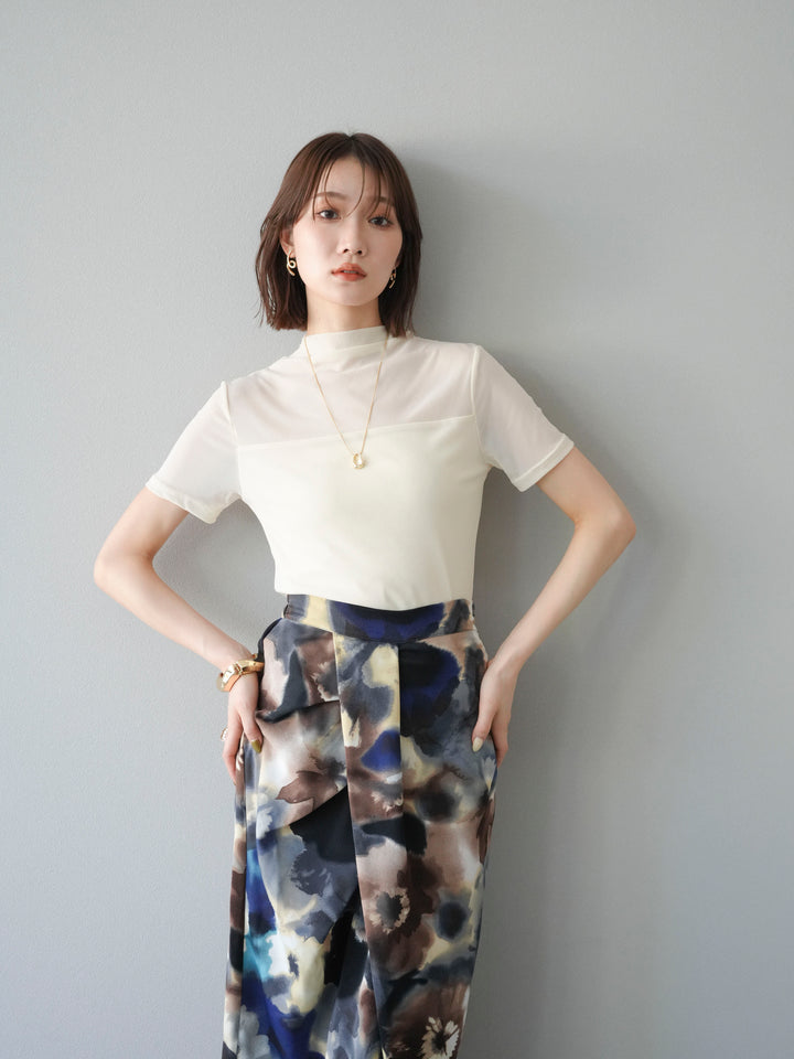 [SET] 透視半袖上衣 + 水彩印花褶襉I字裙 (2set)