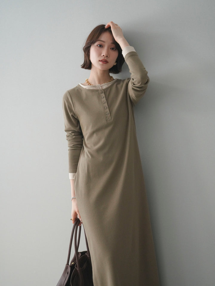 [SET]配色レイヤードヘンリーネックカットリブワンピース+選べるアクセセット(2set)