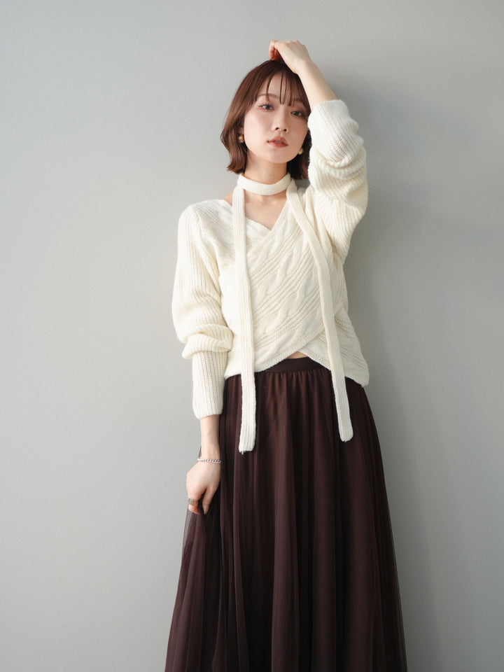 [予約]ケーブル編みクロスニットトップス/white