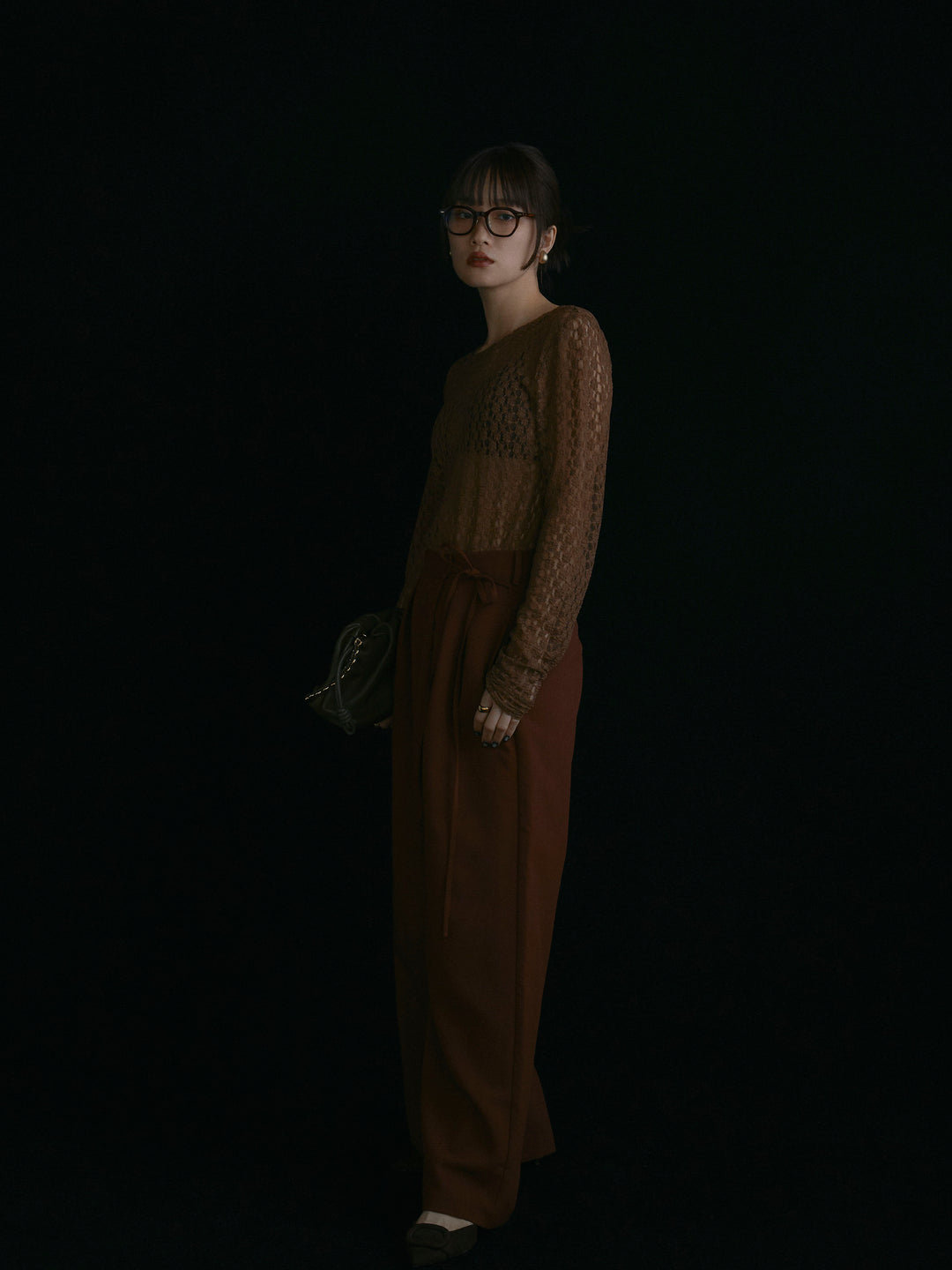 【Allure】[SET]バックラウンドレーストップス+ラップデザインタックワイドパンツ(2set)