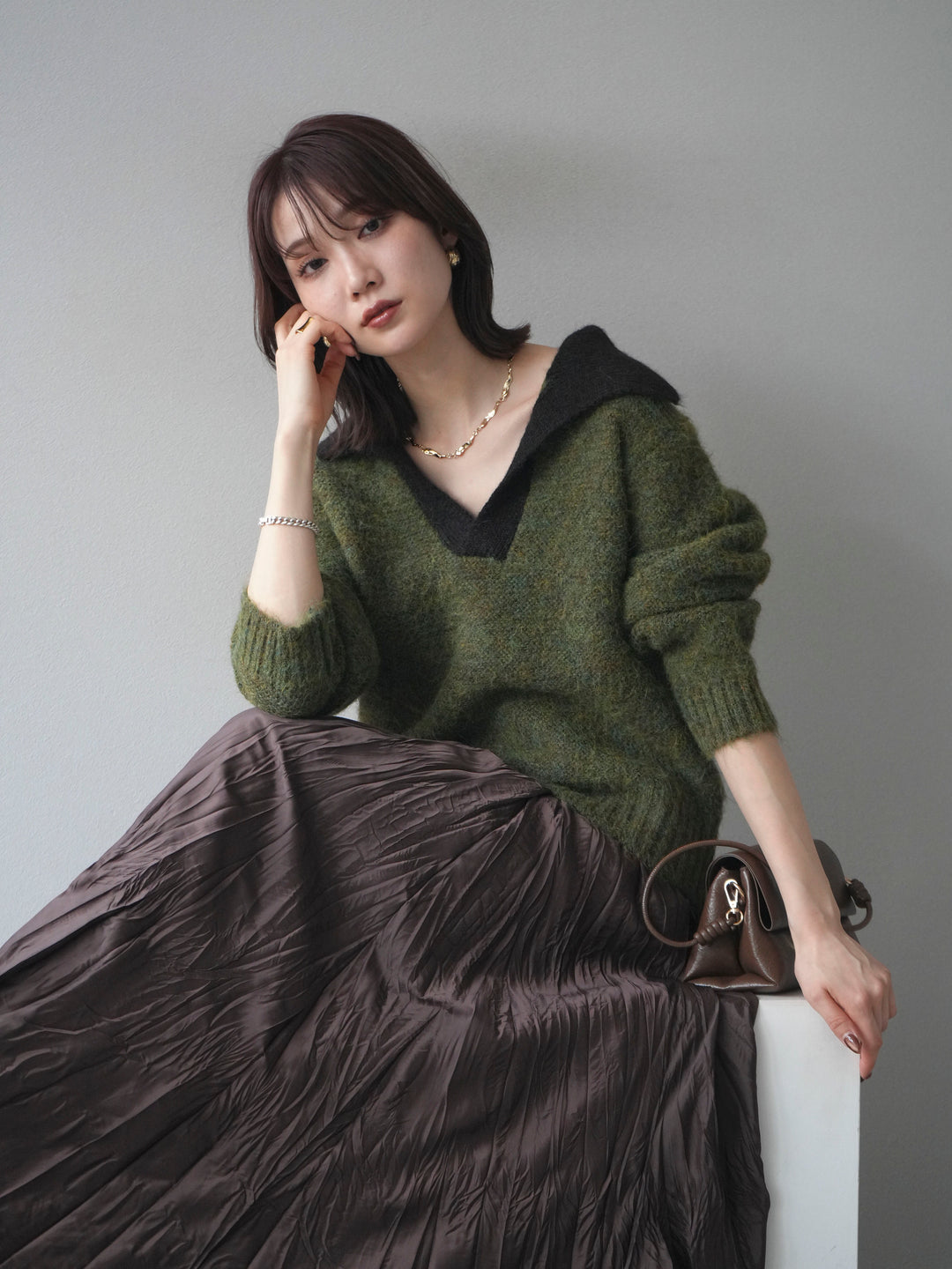 [予約]バイカラー襟付きニットプルオーバー/green