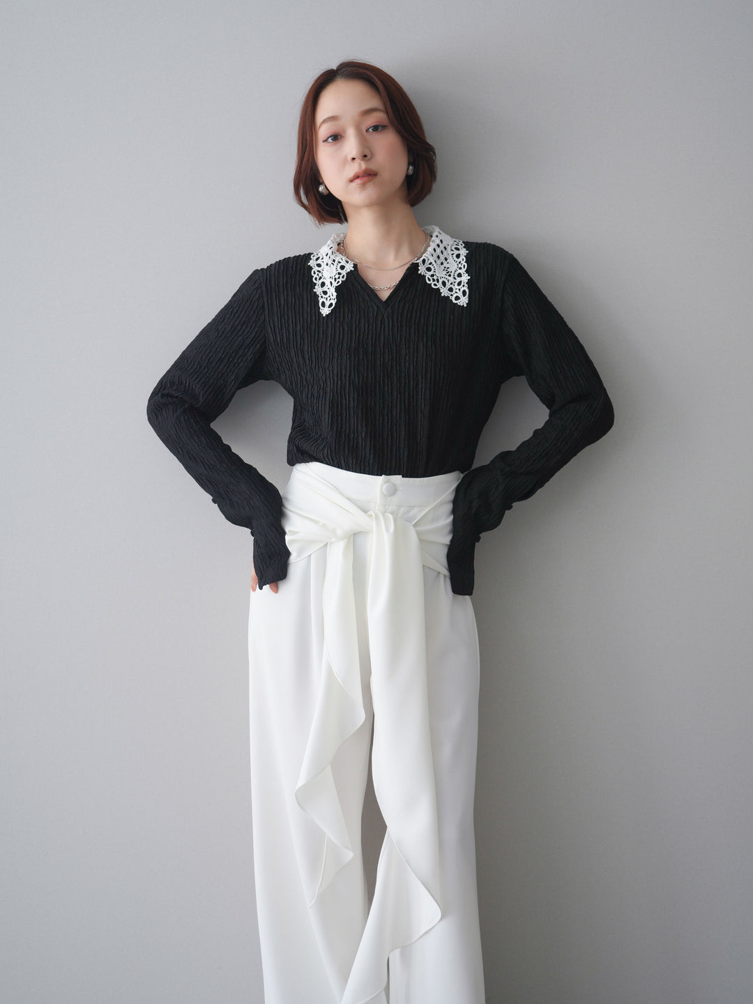 [SET]袖スリットレースカラートップス+ラッフルベルトワイドパンツ(2set)