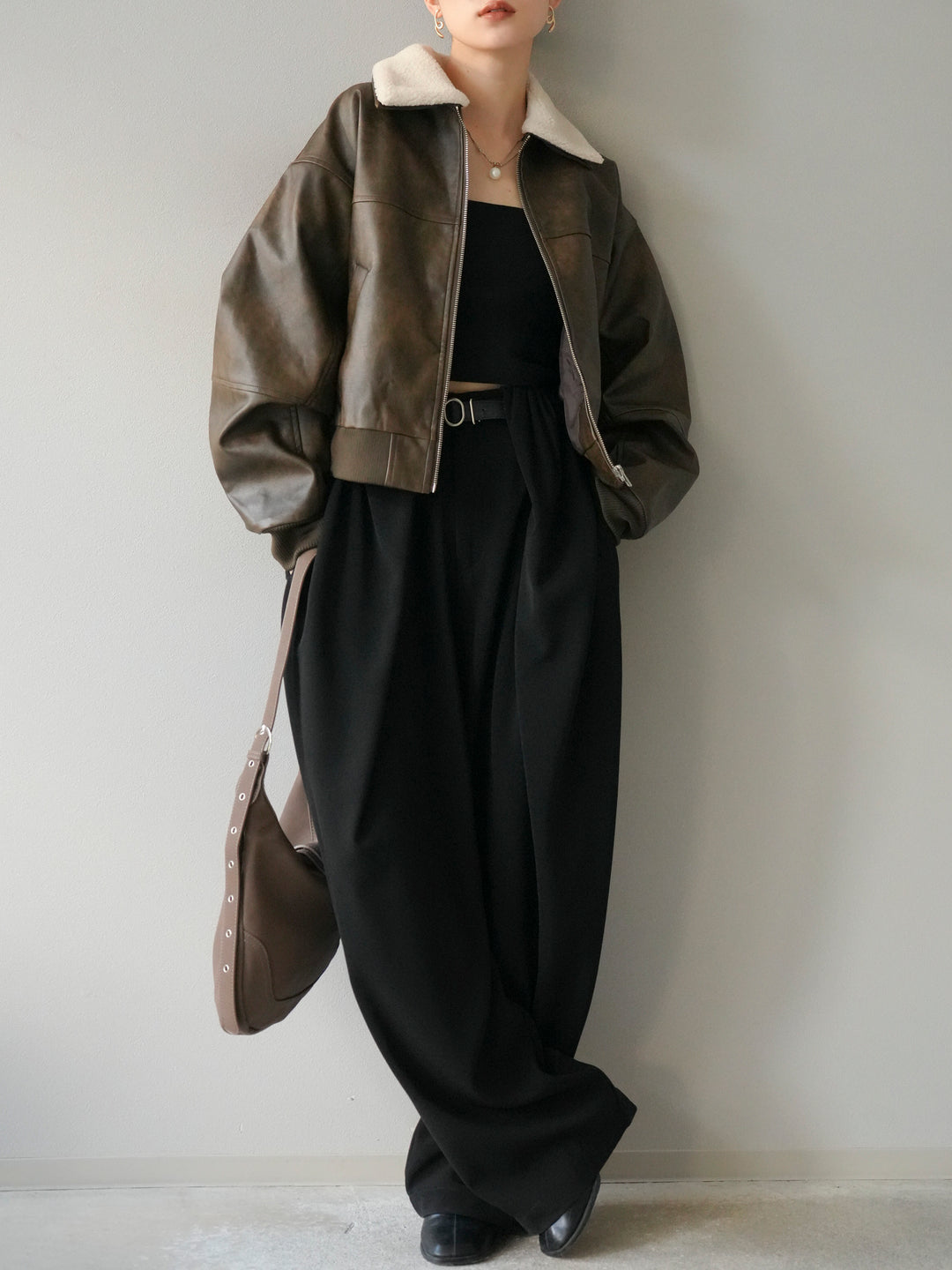 [予約]襟ボアヴィンテージレザーブルゾン/ブラウン